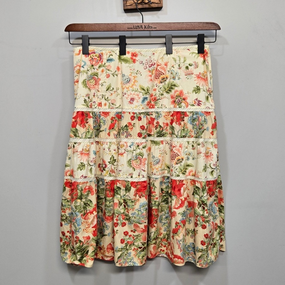 Floral Tiered Midi Skirt Women 14 Patchwork Cotton Boho Chic Cottagecore Prairie